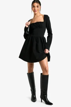 Skater Dresses*boohoo Bengaline Corset Long Sleeve Skater Dress black