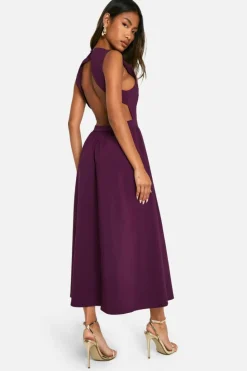 Skater Dresses*boohoo Bengaline Open Back Midaxi Skater Dress plum