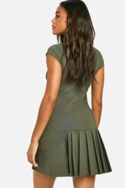 Skater Dresses*boohoo Bengaline Pleated Square Neck Mini Dress khaki