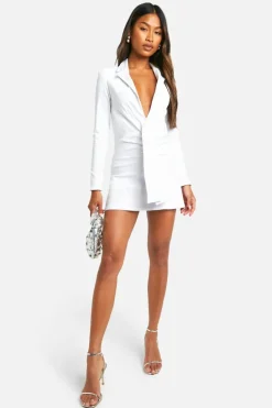 Blazer Dresses*boohoo Bengaline Ruched Tie Detail Blazer Dress white