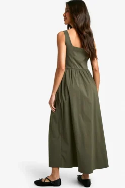 Skater Dresses*boohoo Bengaline Square Neck Skater Midaxi Dress khaki