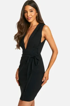 Blazer Dresses*boohoo Bengaline Tie Waist Blazer Mini Dress black