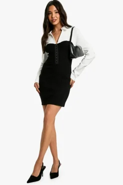 Shirt Dresses|Bodycon Dresses*boohoo Bengaline Two in One Corset Hook and Eye Shirt Mini Dress black