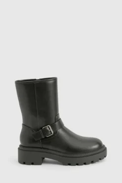 Chunky Boots|Biker Boots*boohoo Biker Buckle Detail Chunky Ankle Boot black