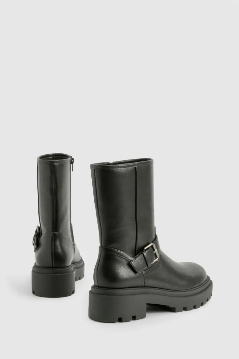 Chunky Boots|Biker Boots*boohoo Biker Buckle Detail Chunky Ankle Boot black