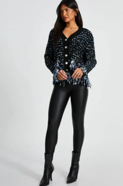 Cardigans*Quiz Boucle Knit Fringe Cardigan Black