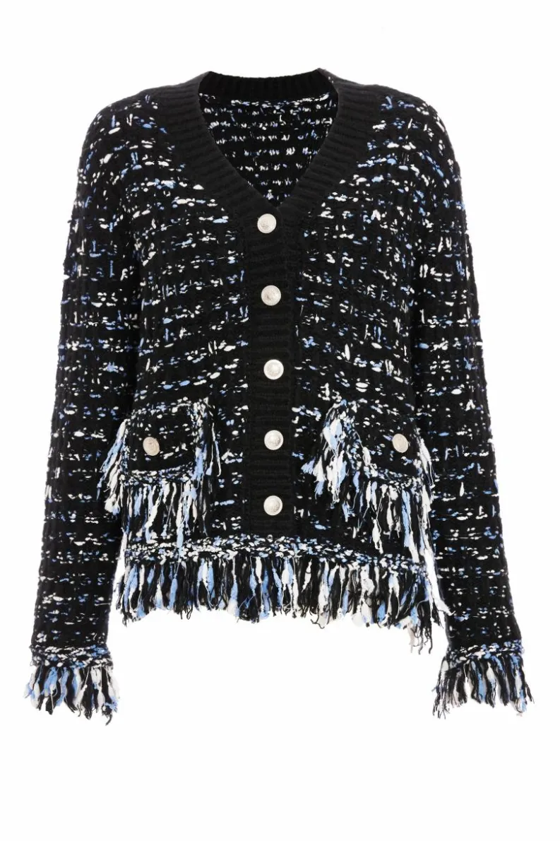 Cardigans*Quiz Boucle Knit Fringe Cardigan Black