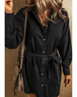 Shirt Dresses*Azura Exchange Button-Up Belted Denim Shirt Dress Black