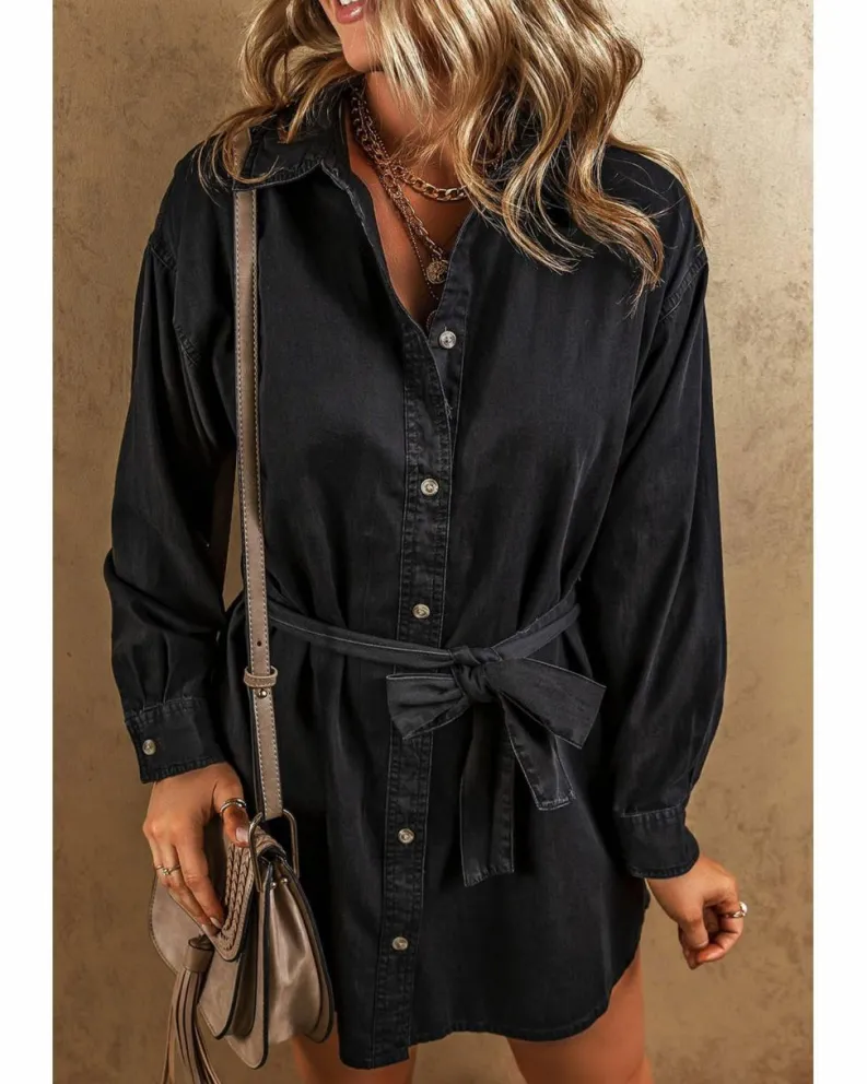 Shirt Dresses*Azura Exchange Button-Up Belted Denim Shirt Dress Black