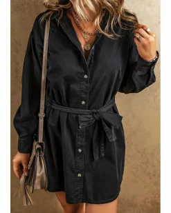 Shirt Dresses*Azura Exchange Button-Up Belted Denim Shirt Dress Black