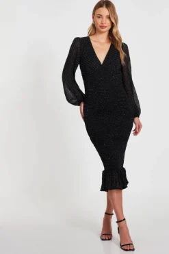 Midi Dresses*Quiz Chiffon Diamante Midi Dress Black
