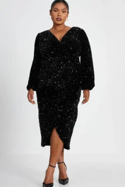 Midi Dresses*Quiz Curve Sequin Midi Dress Black