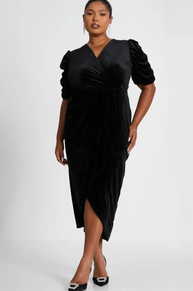 Wrap Dresses|Midi Dresses*Quiz Curve Velvet Wrap Midi Dress Black