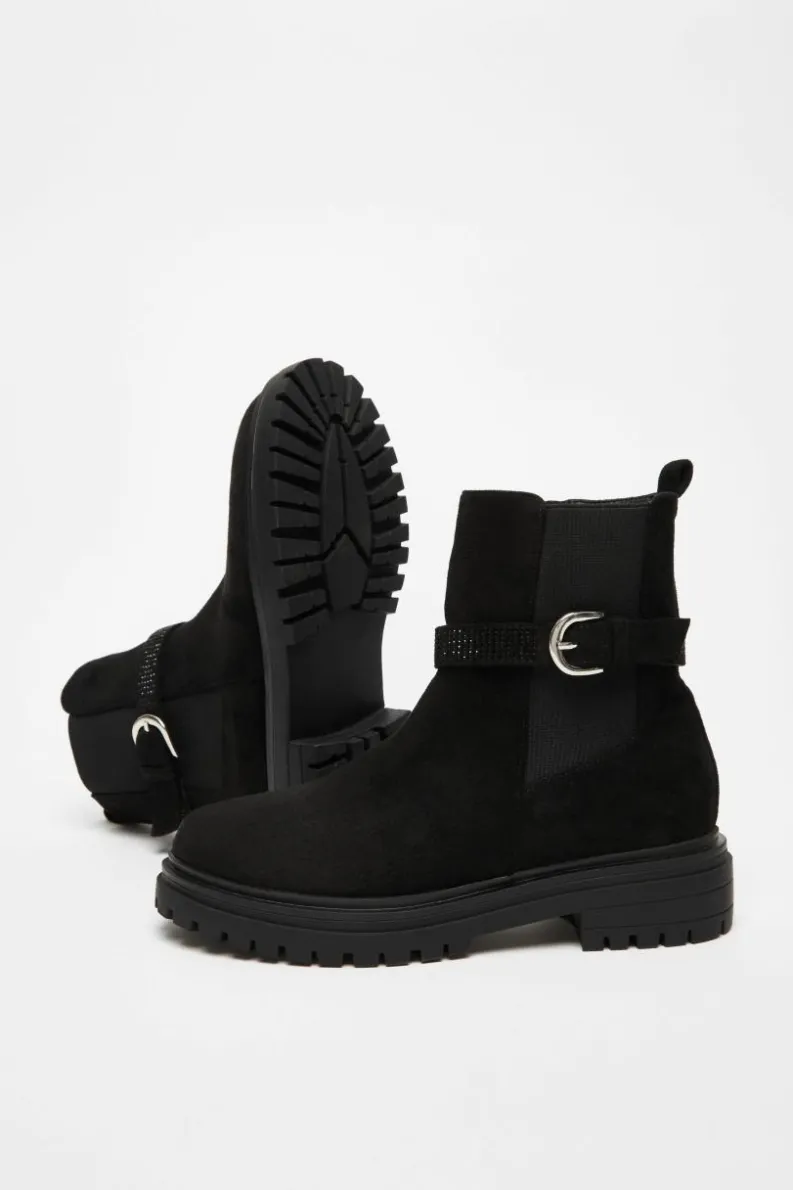 Chunky Boots*Quiz Diamante Chunky Buckle Boots Black