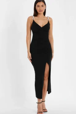 Midi Dresses*Quiz Diamante Ruched Midi Dress Black