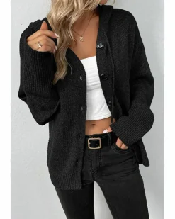 Cardigans*Azura Exchange Drawstring Hooded Button Up Drop Shoulder Sweater Cardigan Black