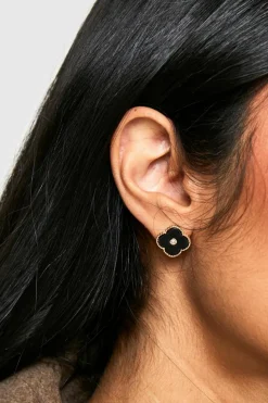 Earrings*boohoo Enamel Diamante Detail Clover Stud Earrings black
