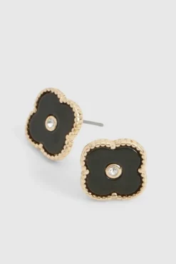 Earrings*boohoo Enamel Diamante Detail Clover Stud Earrings black