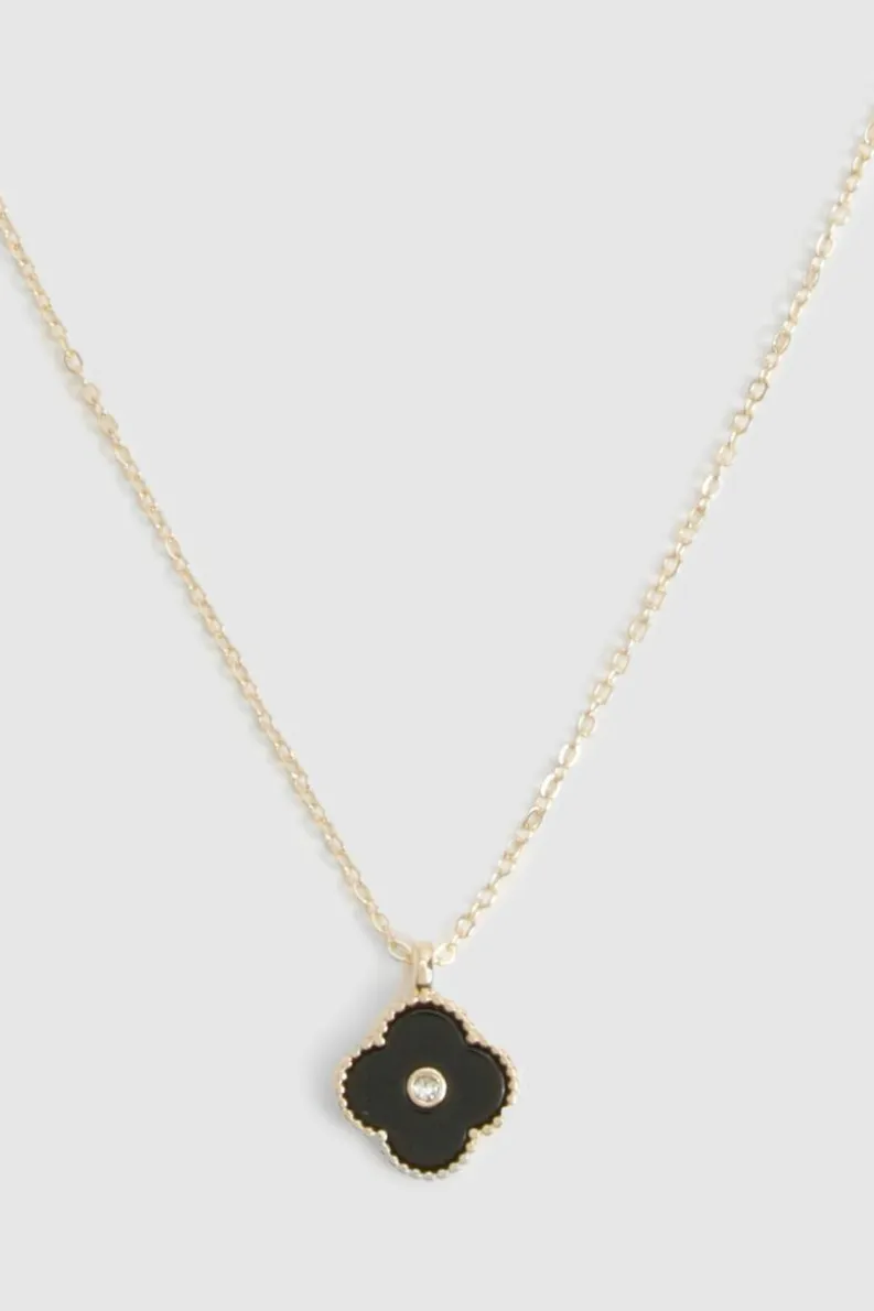 Necklaces*boohoo Enamel Diamante Detail Clover Necklace black