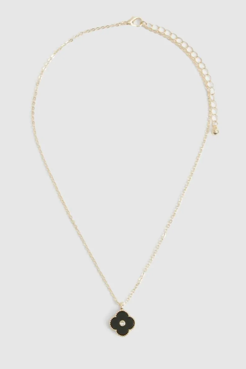 Necklaces*boohoo Enamel Diamante Detail Clover Necklace black