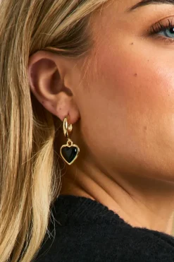 Earrings*boohoo Black Enamel Heart Drop Hoop Earrings gold