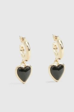 Earrings*boohoo Black Enamel Heart Drop Hoop Earrings gold