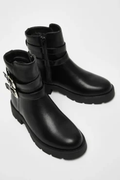 Ankle Boots*Quiz Faux Leather Double Buckle Ankle Boot Black