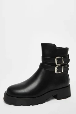 Ankle Boots*Quiz Faux Leather Double Buckle Ankle Boot Black
