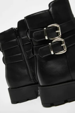 Ankle Boots*Quiz Faux Leather Double Buckle Ankle Boot Black