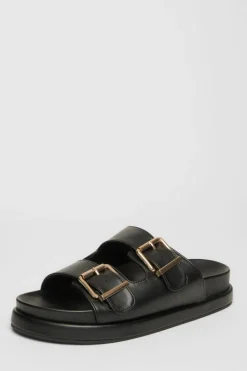 Sandals*Quiz Faux Leather Flat Sandals Black