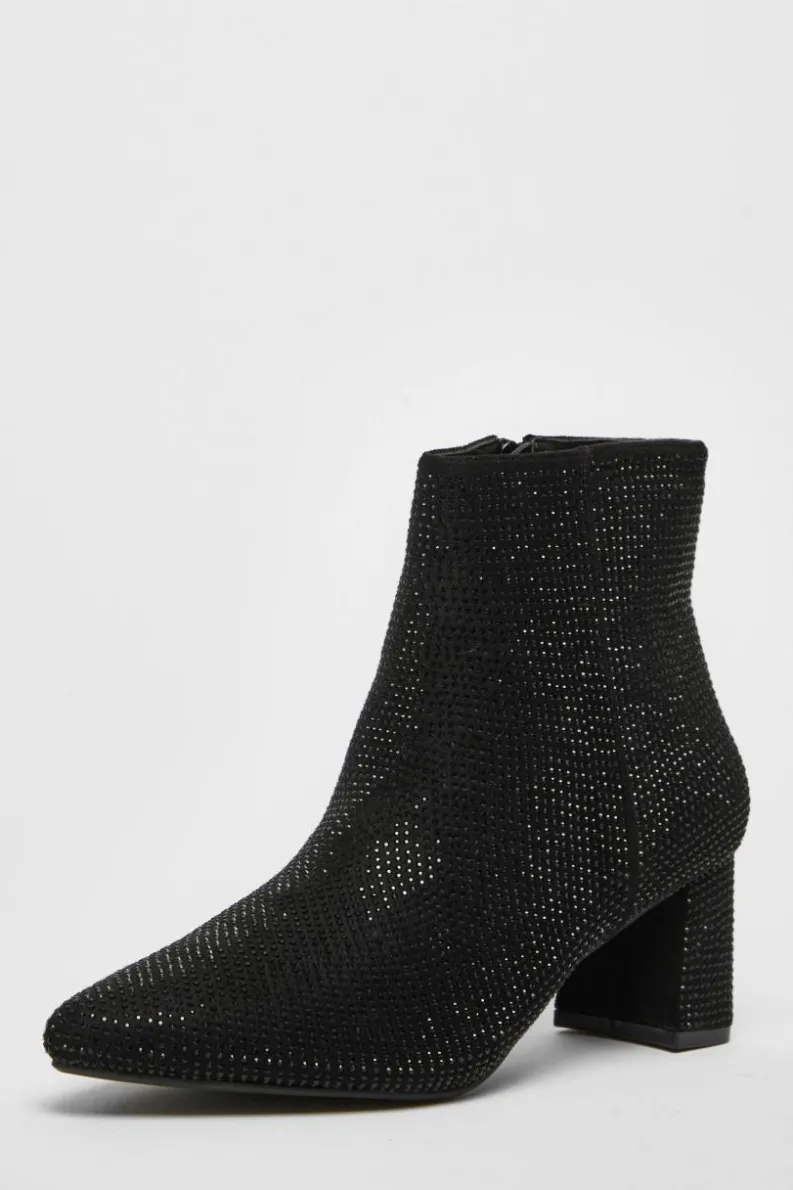 Ankle Boots*Quiz Faux Suede Diamante Ankle Boot Black