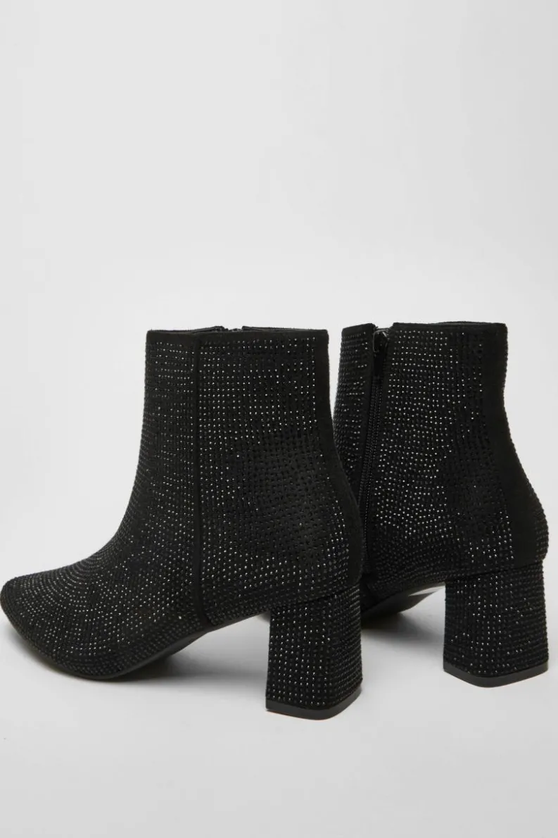 Ankle Boots*Quiz Faux Suede Diamante Ankle Boot Black