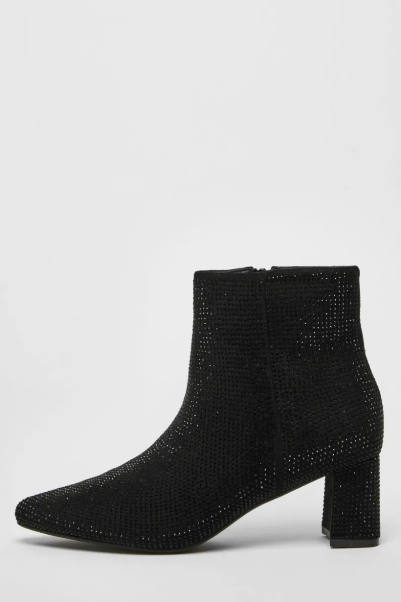 Ankle Boots*Quiz Faux Suede Diamante Ankle Boot Black