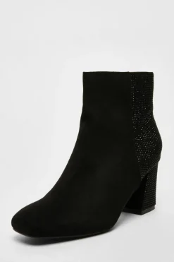 Heeled Boots*Quiz Faux Suede Diamante Heeled Boots Black