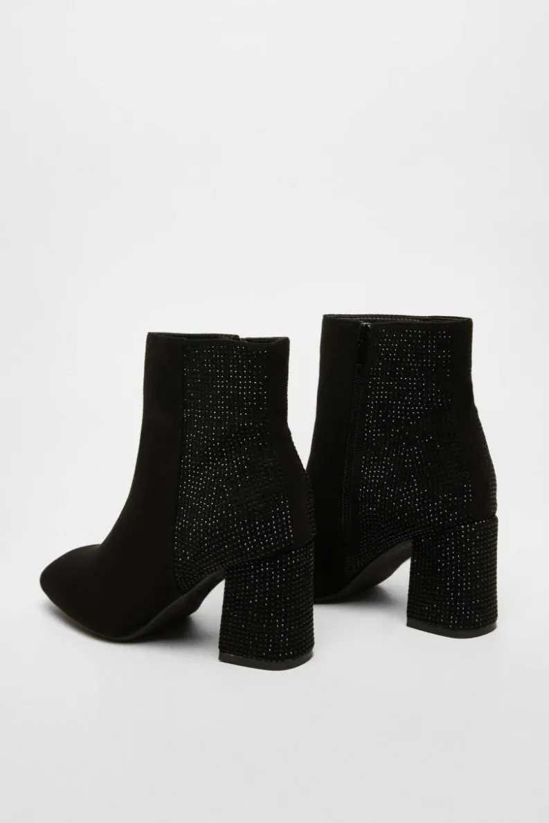 Heeled Boots*Quiz Faux Suede Diamante Heeled Boots Black