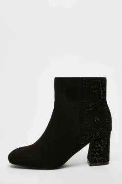 Heeled Boots*Quiz Faux Suede Diamante Heeled Boots Black