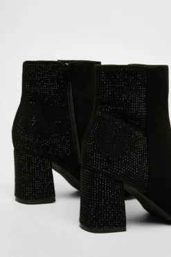 Heeled Boots*Quiz Faux Suede Diamante Heeled Boots Black
