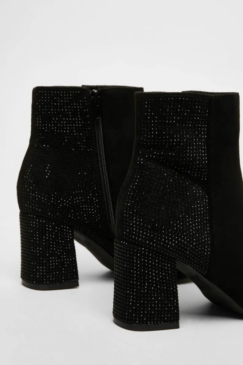 Heeled Boots*Quiz Faux Suede Diamante Heeled Boots Black