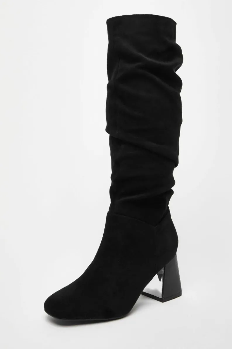Heeled Boots*Quiz Faux Suede Ruched Heeled Boots Black