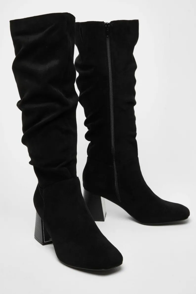 Heeled Boots*Quiz Faux Suede Ruched Heeled Boots Black