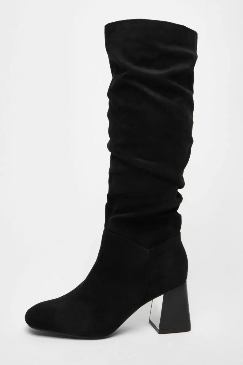 Heeled Boots*Quiz Faux Suede Ruched Heeled Boots Black