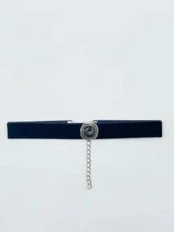 Necklaces*SVNX Faux Velvet Choker Necklace with Grey Jewel Black
