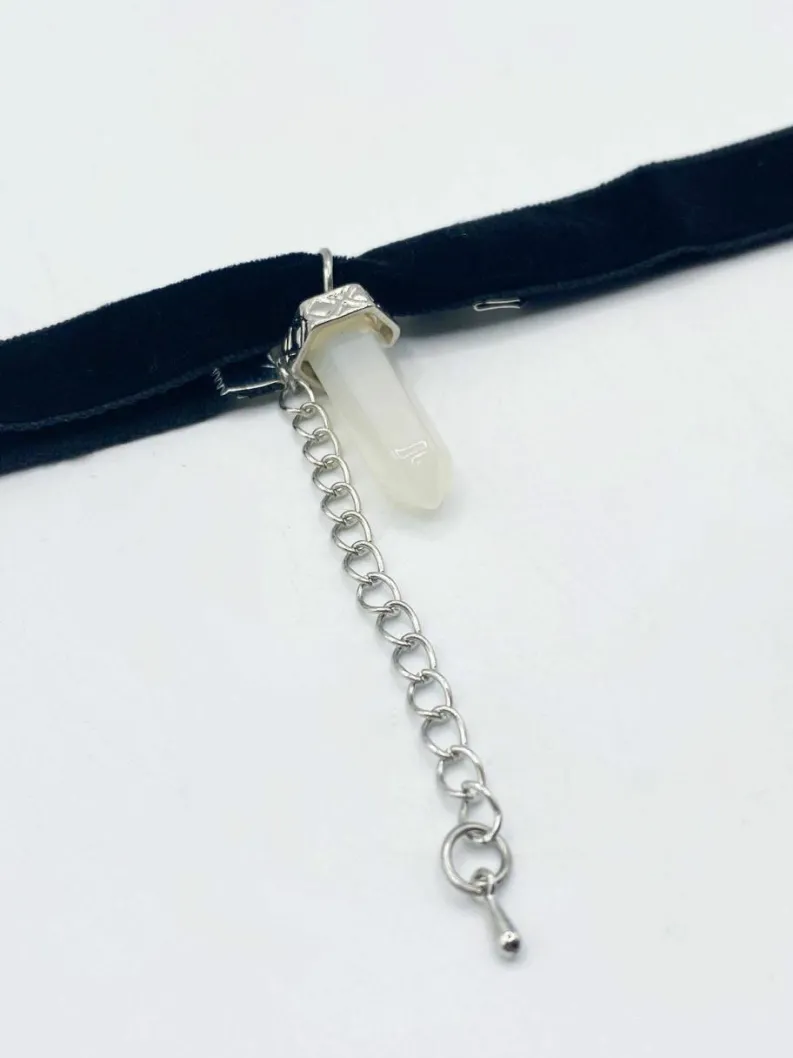 Necklaces*SVNX Faux Velvet Choker Necklace with Clear Stone Charm Black