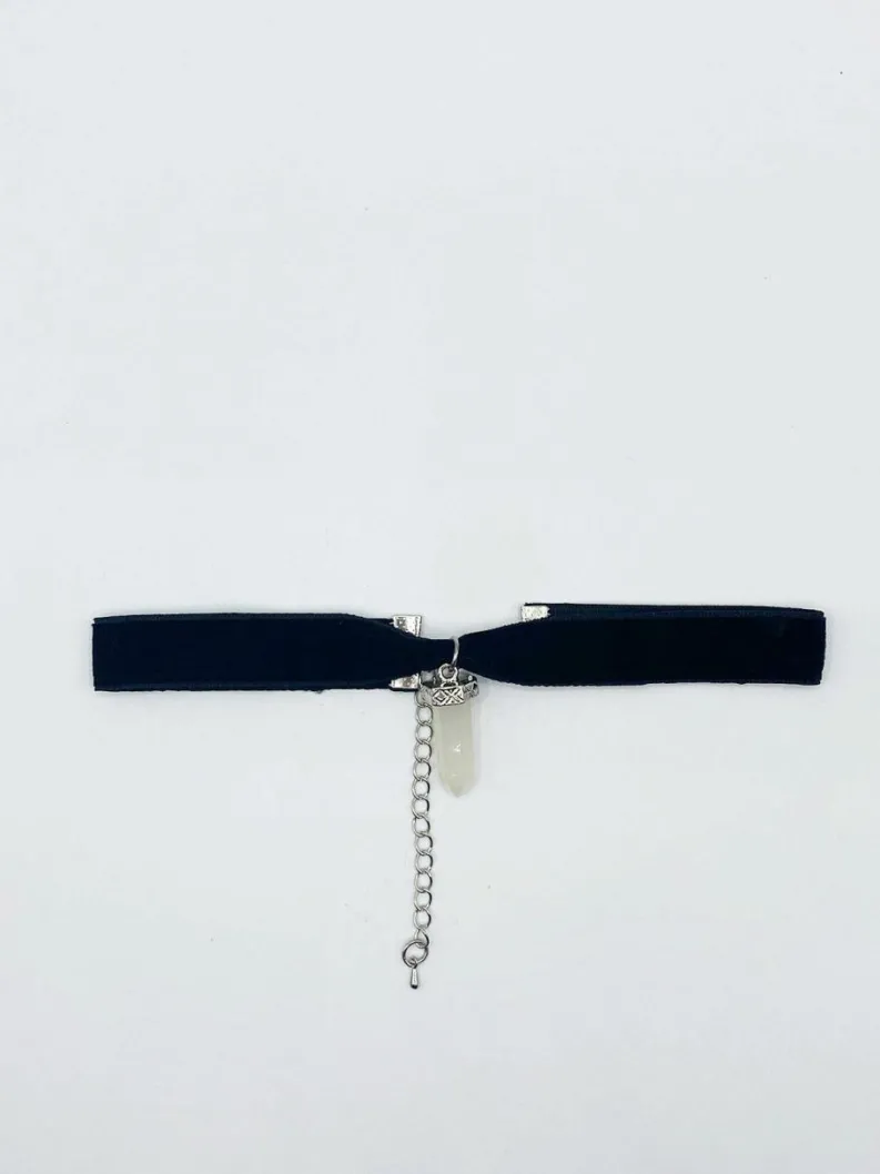 Necklaces*SVNX Faux Velvet Choker Necklace with Clear Stone Charm Black