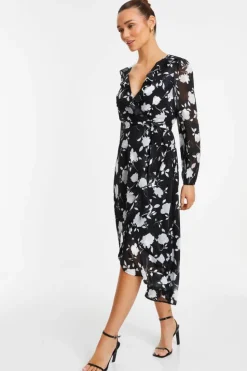 Wrap Dresses|Midi Dresses*Quiz Floral Frill Wrap Midi Dress Black