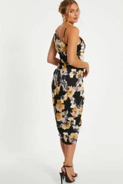 Midi Dresses*Quiz Floral Print Satin Ruched Midi Dress Black