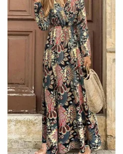 Wrap Dresses*Azura Exchange Floral Print V Neck Wrap High Waist Maxi Dress Black