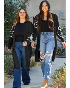 Cardigans*Azura Exchange Flower Embroidered Drop Shoulder Open Front Duster Cardigan Black
