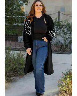 Cardigans*Azura Exchange Flower Embroidered Drop Shoulder Open Front Duster Cardigan Black