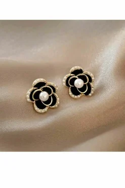 Earrings*SVNX Black Flower Pearl Earrings in Gold